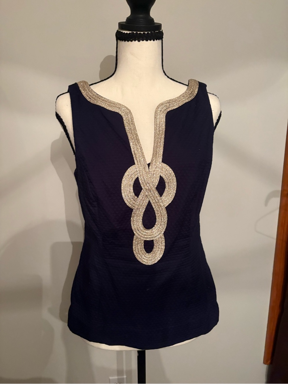 Lilly Pulitzer Navy Sleeveless Top with Gold Embellished Plaited Trim